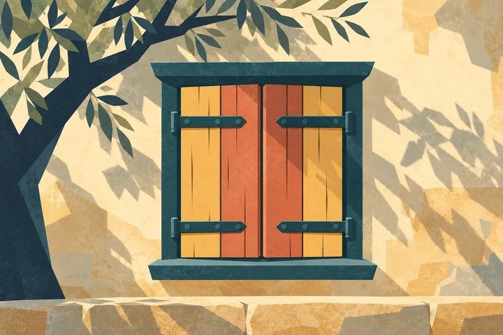 Closed wooden shutters in a sunlit wall with soft leafy shadows.