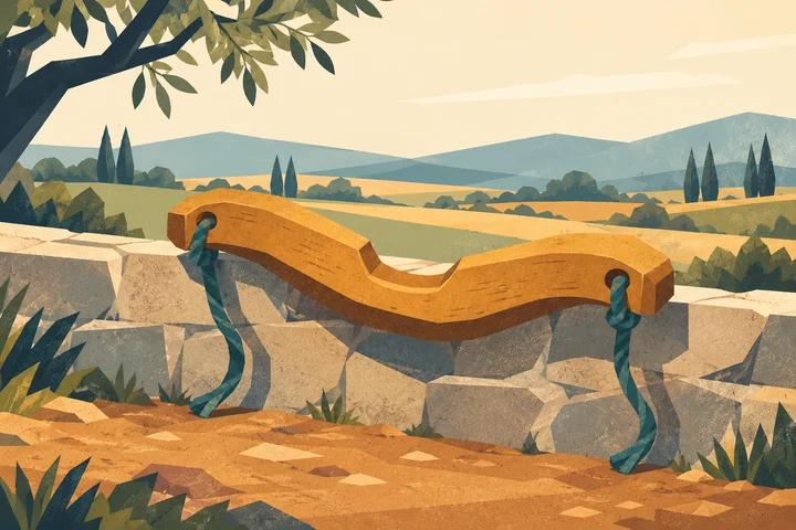 A wooden yoke resting beside a low stone wall overlooking fields.
