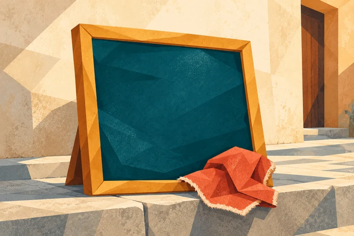 A clean slate and folded cloth resting in a sunlit courtyard.