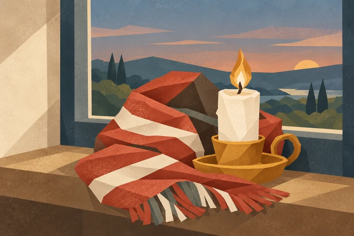 A candle beside a clay-coloured scarf on a window ledge at dusk.