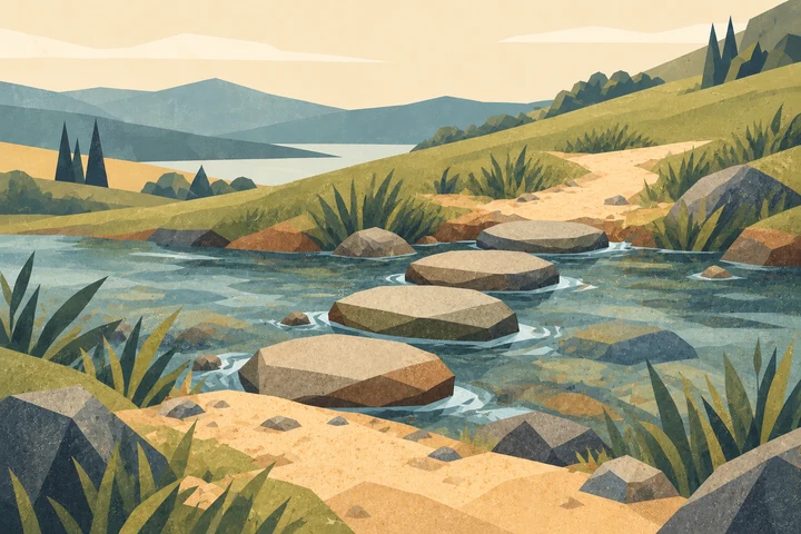 Low flat stepping stones forming a crossing over a shallow stream.