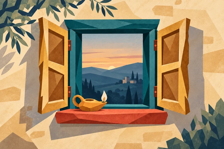 An open window with an oil lamp on its sill overlooking a quiet evening landscape.