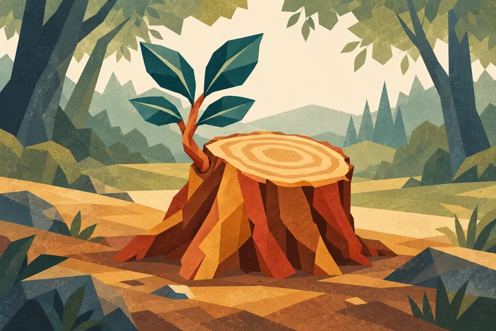 A fresh leafy shoot growing from an old stump in a quiet woodland clearing.
