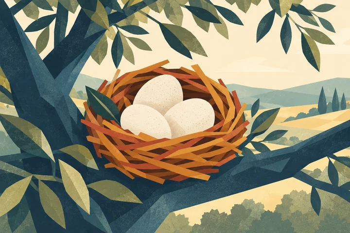 A nest of eggs cradled in an olive tree above a quiet landscape.