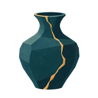 A ceramic vase repaired along a visible gold seam.