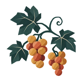 A vine bearing leaves and two bunches of grapes.