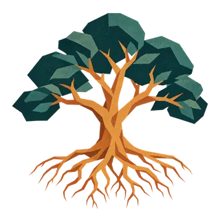 A small tree with a broad network of roots.