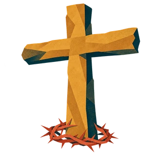 An empty wooden cross with a crown of thorns at its foot.