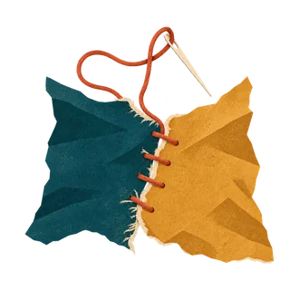 Two pieces of cloth being joined with stitches.