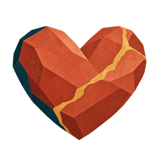 A warm terracotta heart with a carefully repaired golden seam.