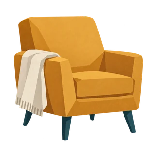 A comfortable armchair with a folded blanket.
