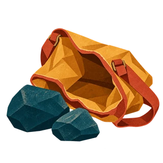 An open bag with heavy stones set down beside it.