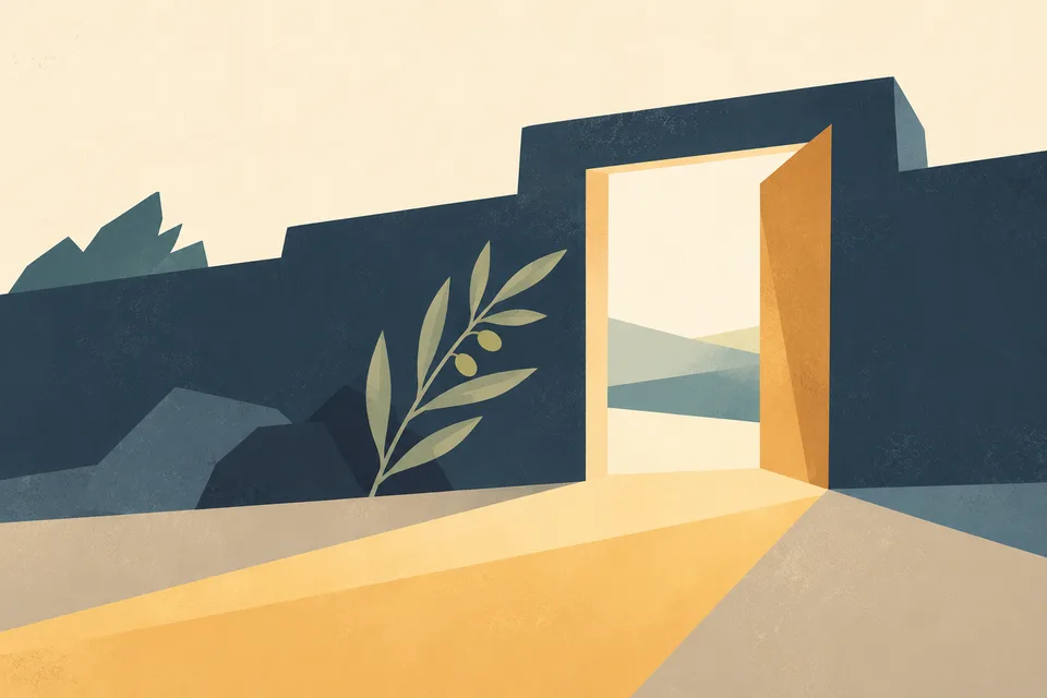 An open gateway in a wall, with a path leading through into the light.